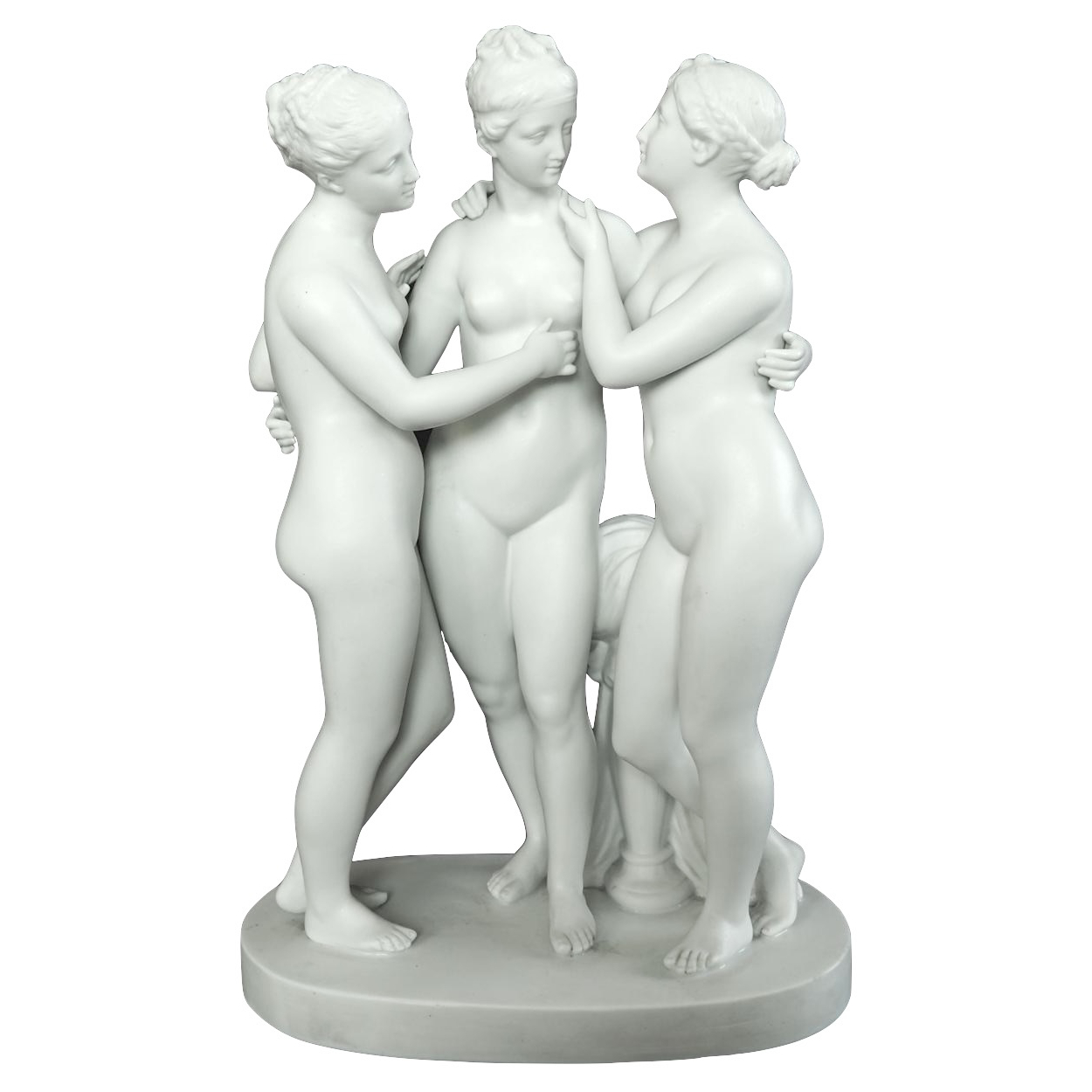 The 3 Graces, tall mythological biscuit sculpture, 19th century