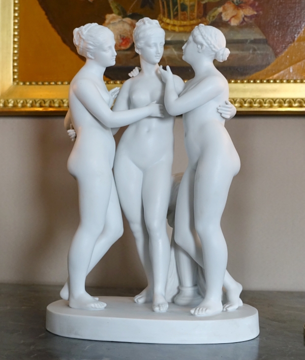 The 3 Graces, tall mythological biscuit sculpture, 19th century