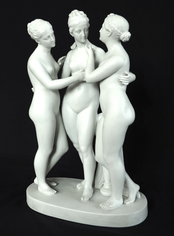 The 3 Graces, tall mythological biscuit sculpture, 19th century