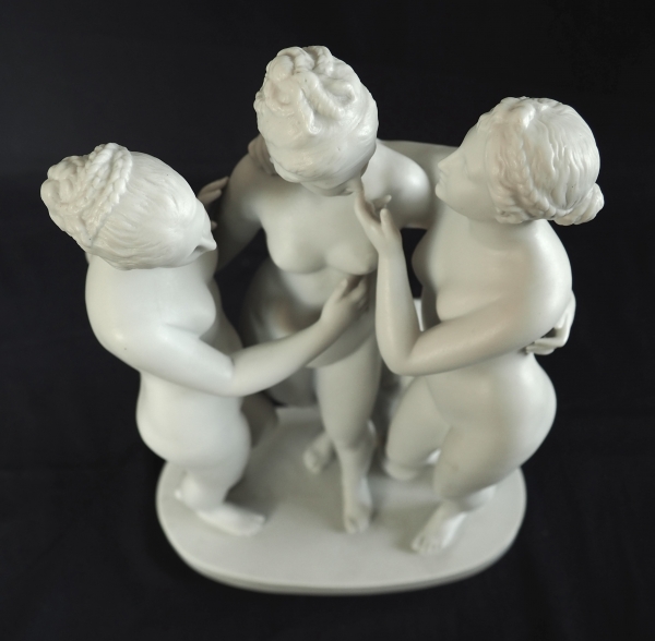 The 3 Graces, tall mythological biscuit sculpture, 19th century