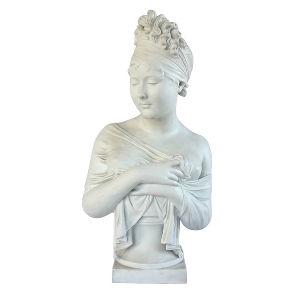Tall biscuit bust featuring Madame Recamier after Houdon - 57cm