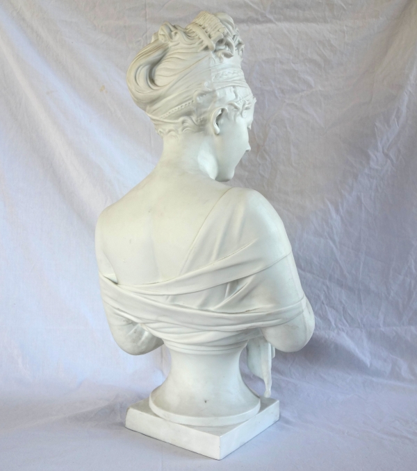 Tall biscuit bust featuring Madame Recamier after Houdon - 57cm