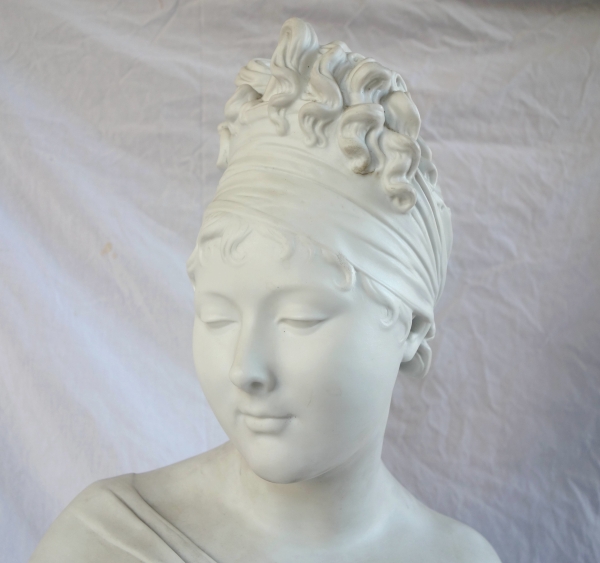 Tall biscuit bust featuring Madame Recamier after Houdon - 57cm