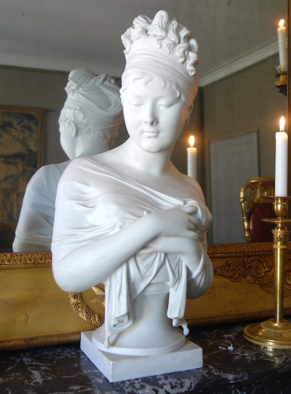 Tall biscuit bust featuring Madame Recamier after Houdon - 57cm