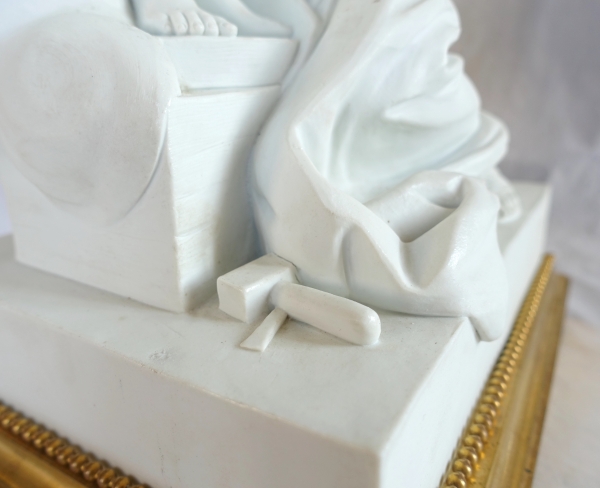 Tall porcelain biscuit sculpture : allegory of sculpture, ormolu base - Louis XVI style