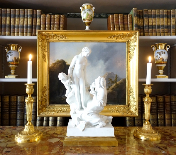Tall porcelain biscuit sculpture : allegory of sculpture, ormolu base - Louis XVI style