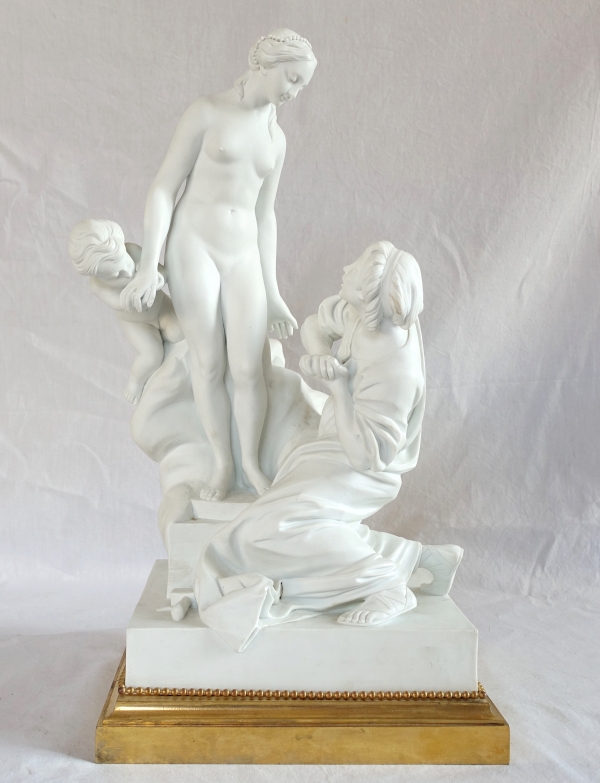 Tall porcelain biscuit sculpture : allegory of sculpture, ormolu base - Louis XVI style