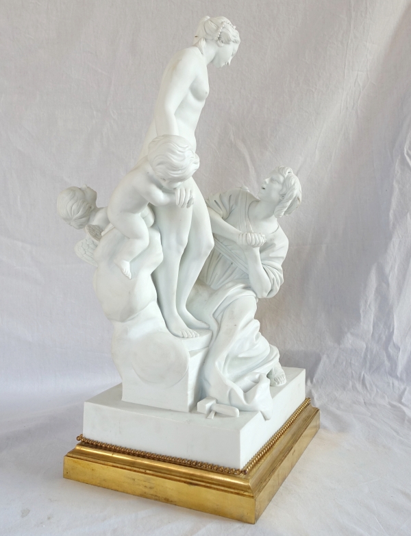 Tall porcelain biscuit sculpture : allegory of sculpture, ormolu base - Louis XVI style