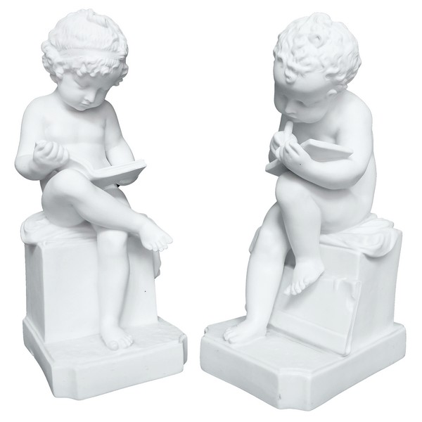 Pair of tall porcelain biscuits after Canova : putti, allegories of reading and writing