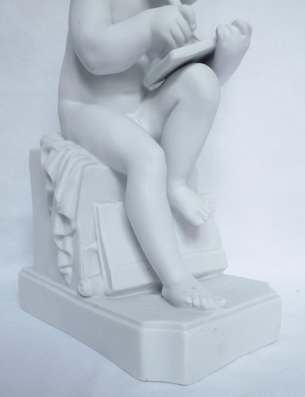 Pair of tall porcelain biscuits after Canova : putti, allegories of reading and writing