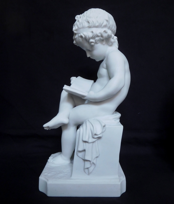 Pair of tall porcelain biscuits after Canova : putti, allegories of reading and writing