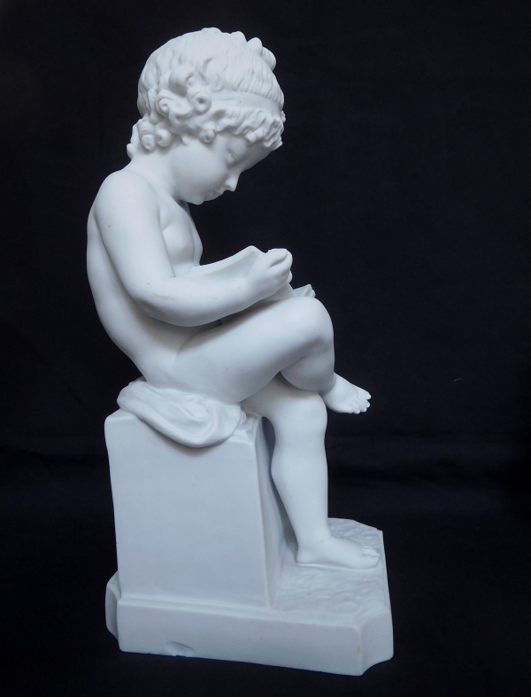 Pair of tall porcelain biscuits after Canova : putti, allegories of reading and writing