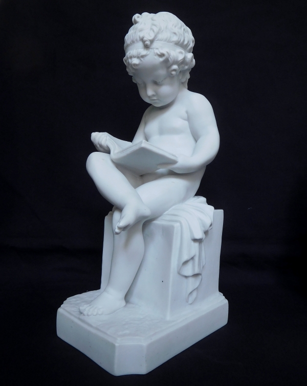 Pair of tall porcelain biscuits after Canova : putti, allegories of reading and writing