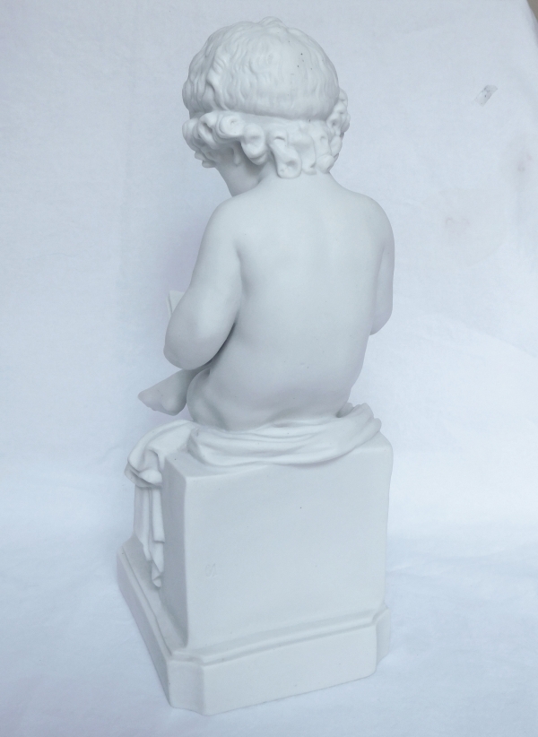 Pair of tall porcelain biscuits after Canova : putti, allegories of reading and writing