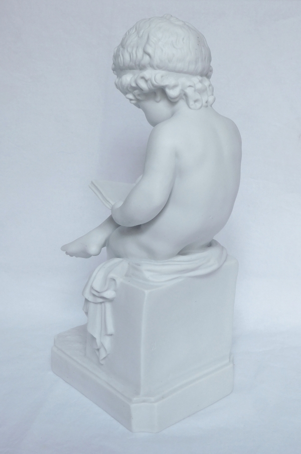 Pair of tall porcelain biscuits after Canova : putti, allegories of reading and writing