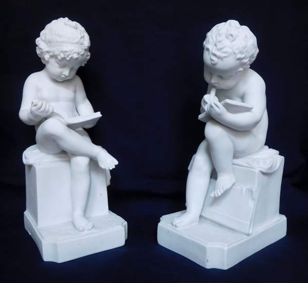 Pair of tall porcelain biscuits after Canova : putti, allegories of reading and writing