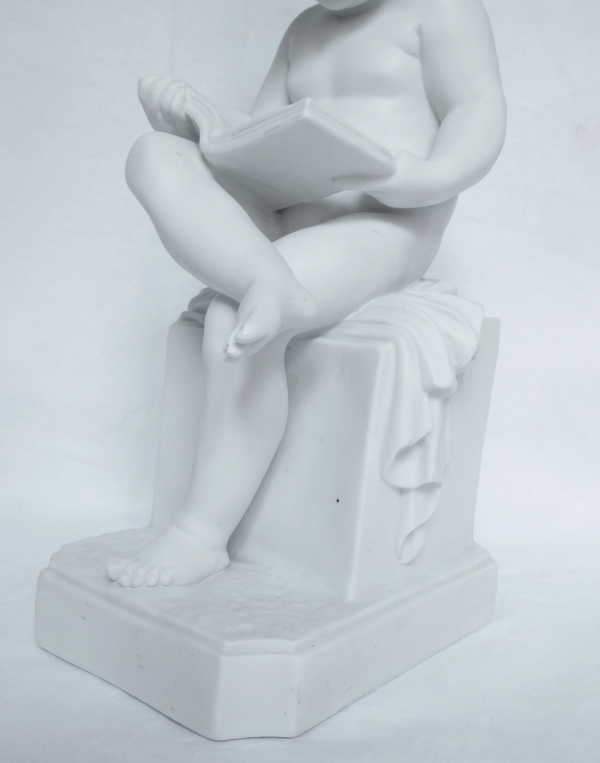 Pair of tall porcelain biscuits after Canova : putti, allegories of reading and writing