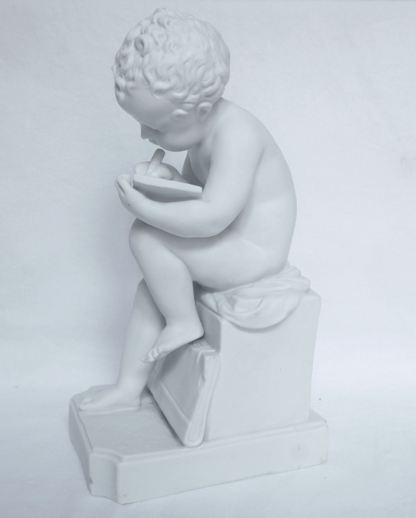 Pair of tall porcelain biscuits after Canova : putti, allegories of reading and writing