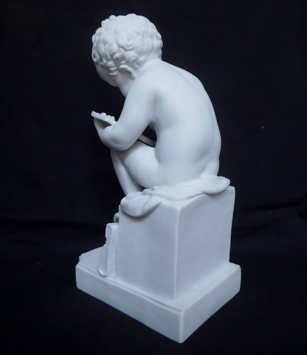 Pair of tall porcelain biscuits after Canova : putti, allegories of reading and writing