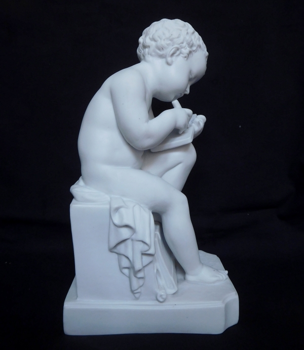 Pair of tall porcelain biscuits after Canova : putti, allegories of reading and writing