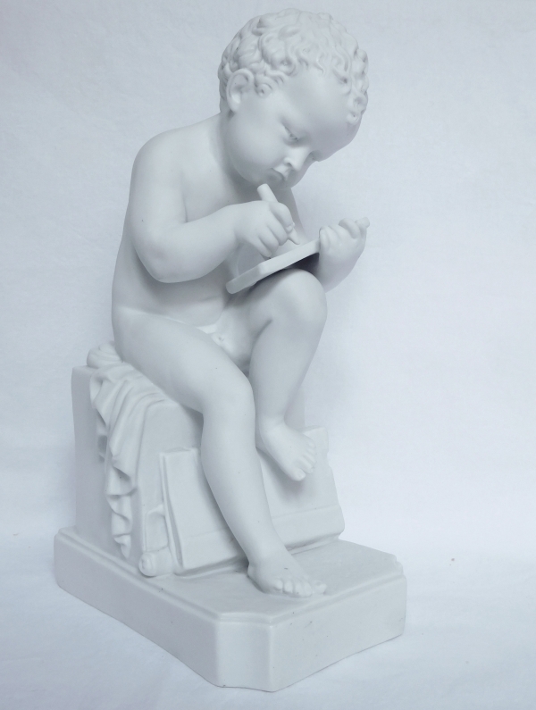 Pair of tall porcelain biscuits after Canova : putti, allegories of reading and writing