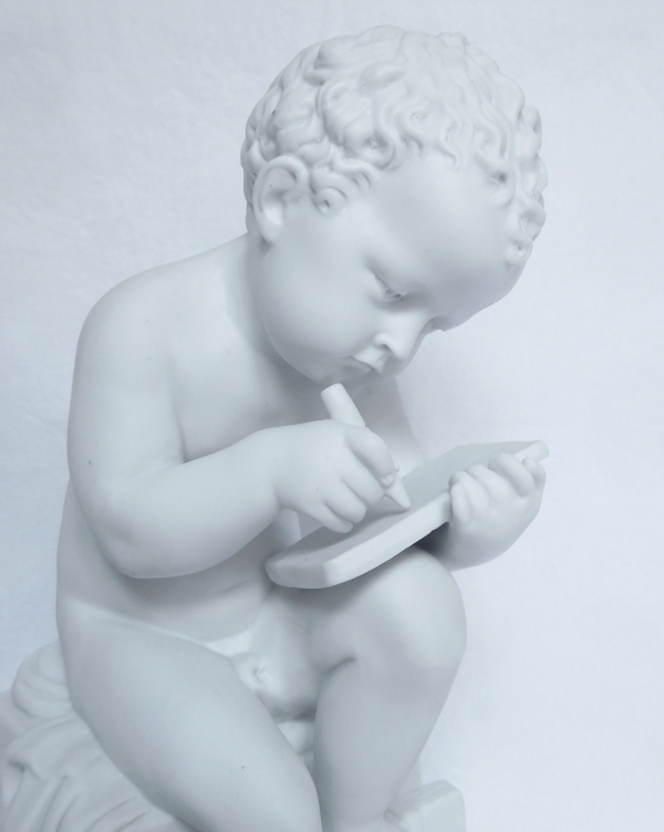 Pair of tall porcelain biscuits after Canova : putti, allegories of reading and writing