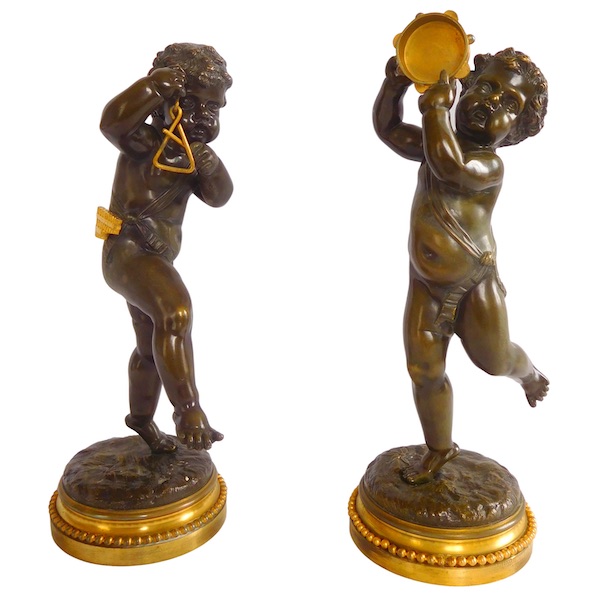 Pair of tall patinated bronze and ormolu musician putti after Clodion, Louis XVI style - 36cm