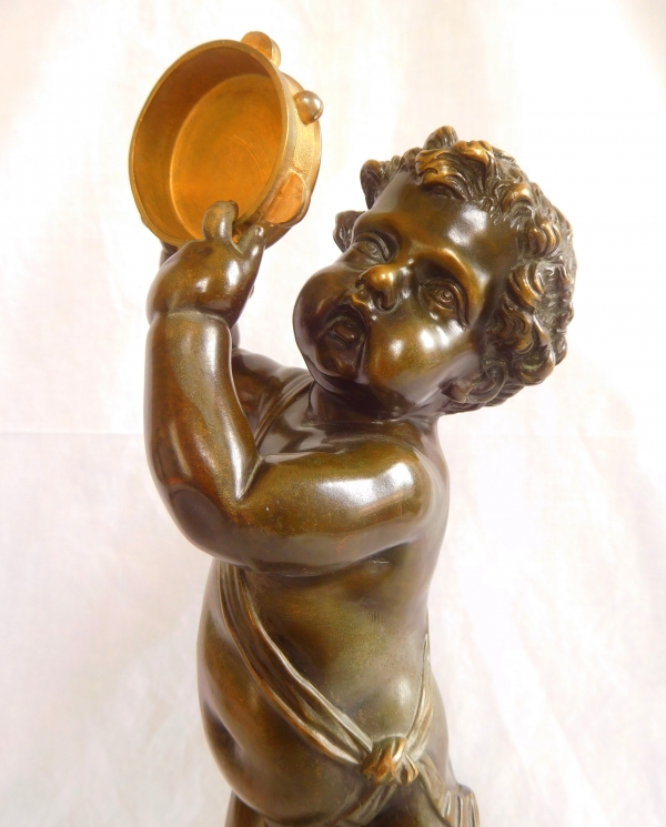 Pair of tall patinated bronze and ormolu musician putti after Clodion, Louis XVI style - 36cm