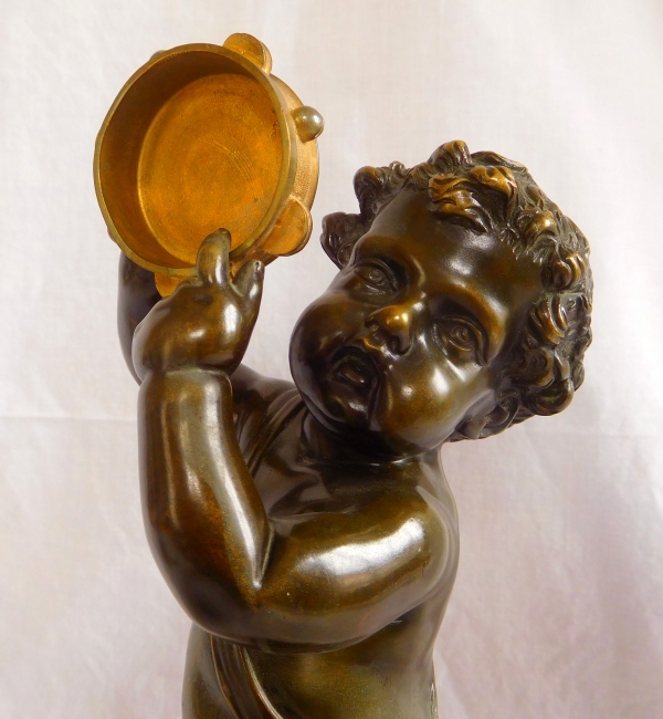 Pair of tall patinated bronze and ormolu musician putti after Clodion, Louis XVI style - 36cm