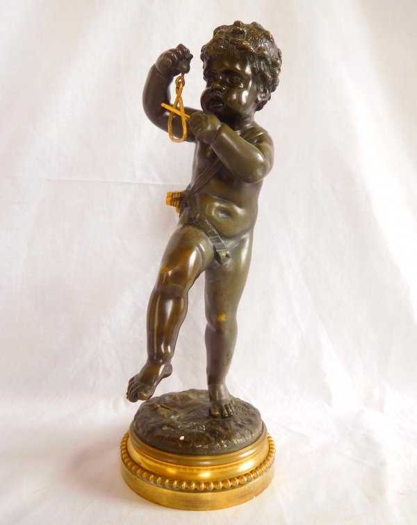 Pair of tall patinated bronze and ormolu musician putti after Clodion, Louis XVI style - 36cm