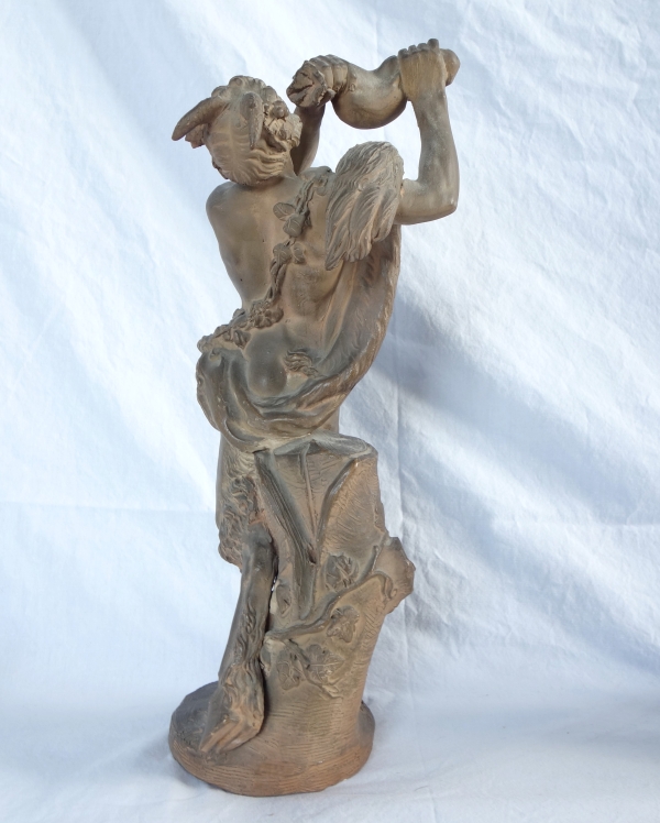 Paire de statues néoclassiques en terre cuite : Faune et Bacchante d'après Clodion