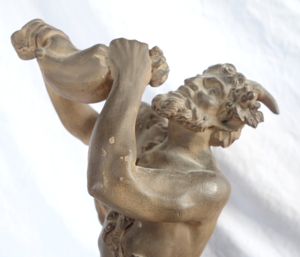 Paire de statues néoclassiques en terre cuite : Faune et Bacchante d'après Clodion