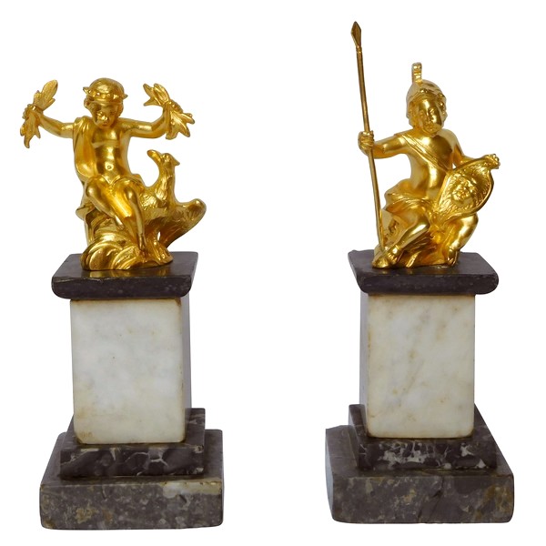 Paire de statuettes en bronze doré et marbre : Jupiter et Mars enfants, époque Louis XVI