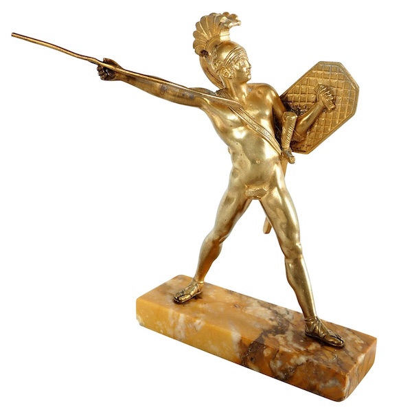 Bronze greek warrior shaped paperweight, yellow Sienna marble base, 19th century