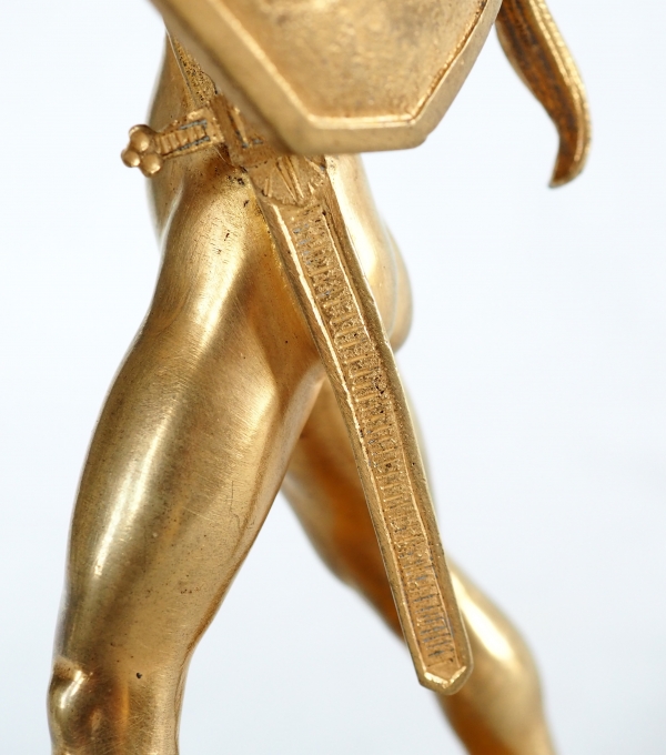 Bronze greek warrior shaped paperweight, yellow Sienna marble base, 19th century