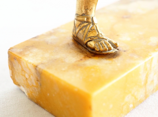 Bronze greek warrior shaped paperweight, yellow Sienna marble base, 19th century