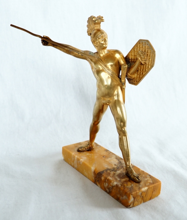Bronze greek warrior shaped paperweight, yellow Sienna marble base, 19th century