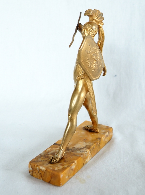 Bronze greek warrior shaped paperweight, yellow Sienna marble base, 19th century