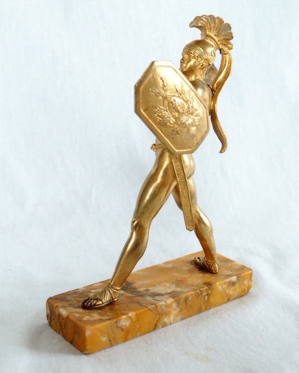 Bronze greek warrior shaped paperweight, yellow Sienna marble base, 19th century