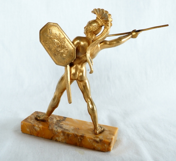 Bronze greek warrior shaped paperweight, yellow Sienna marble base, 19th century