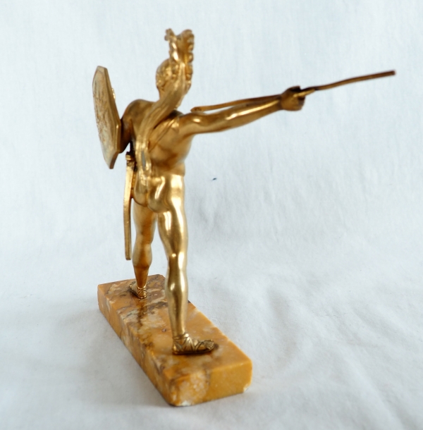 Bronze greek warrior shaped paperweight, yellow Sienna marble base, 19th century