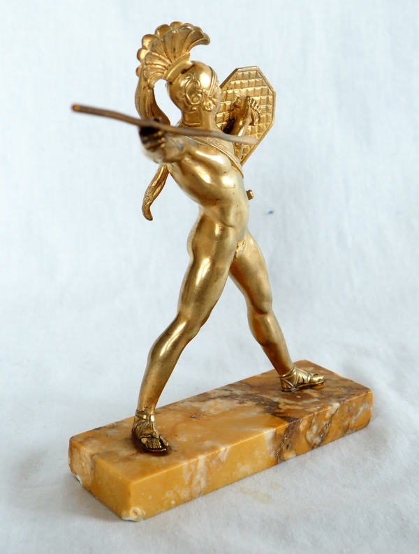 Bronze greek warrior shaped paperweight, yellow Sienna marble base, 19th century