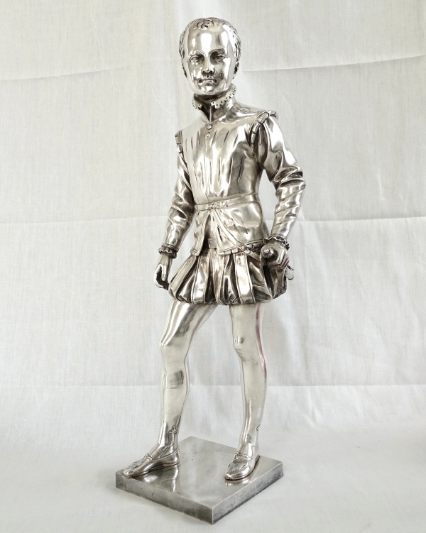 Henri IV enfant, Duc de Bordeaux - Grande statue en bronze argenté d'après Bosio - 47,5cm