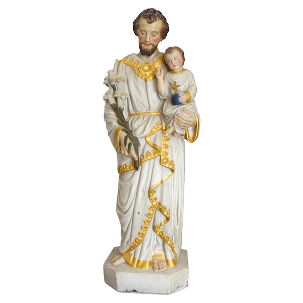 Grande statue de dévotion ou chapelle : Saint Joseph et l'Enfant Jésus - plâtre polychrome doré