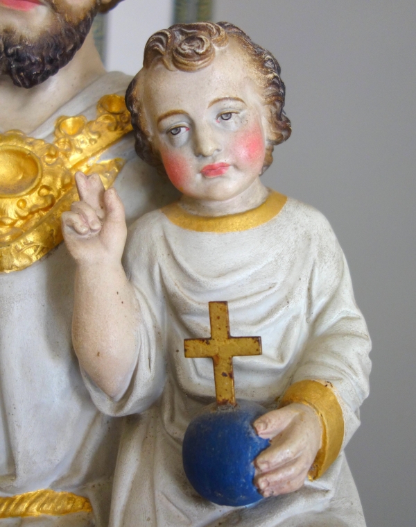 Grande statue de dévotion ou chapelle : Saint Joseph et l'Enfant Jésus - plâtre polychrome doré