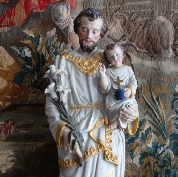 Grande statue de dévotion ou chapelle : Saint Joseph et l'Enfant Jésus - plâtre polychrome doré