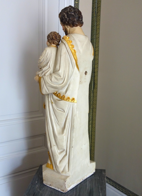 Grande statue de dévotion ou chapelle : Saint Joseph et l'Enfant Jésus - plâtre polychrome doré