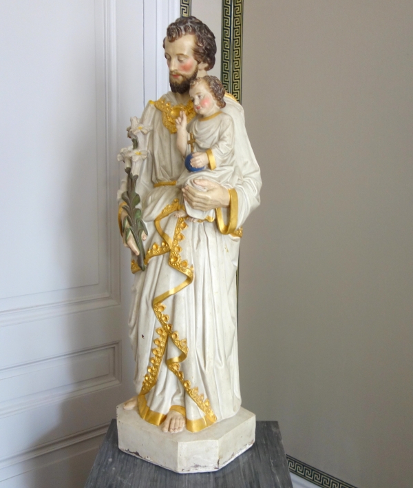 Grande statue de dévotion ou chapelle : Saint Joseph et l'Enfant Jésus - plâtre polychrome doré