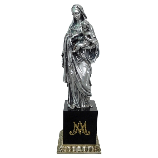 Statue Vierge à l'Enfant en bronze argenté sur socle en ébène - 39cm