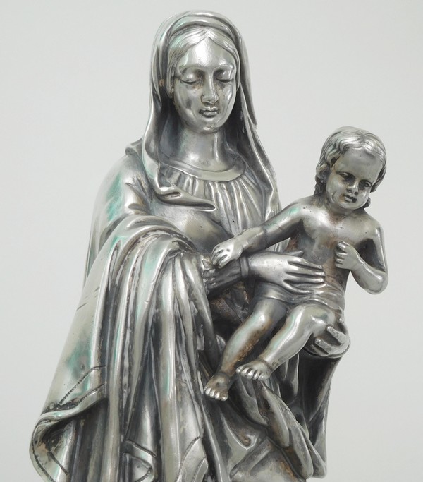 Statue Vierge à l'Enfant en bronze argenté sur socle en ébène - 39cm